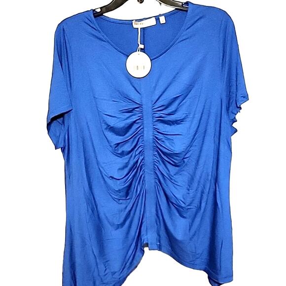 Patrizia Luca Blue Ruched High Low Short Sleeve Relaxed Womens Blouse Size Small - Picture 1 of 6